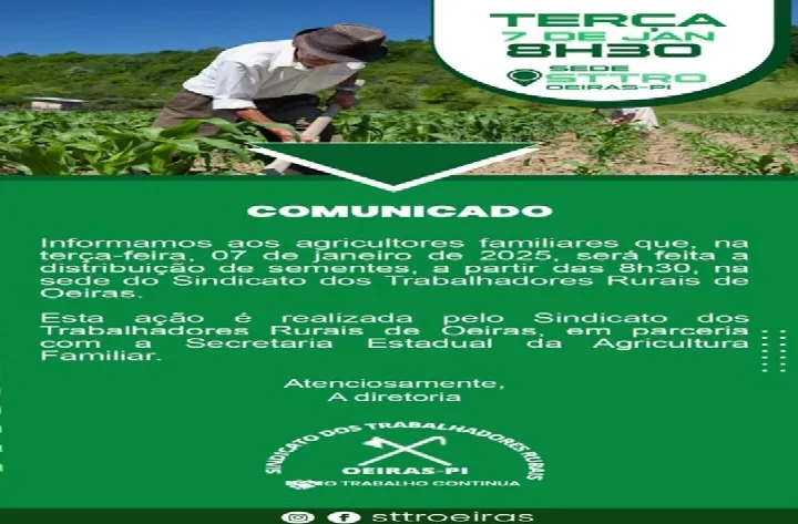Agricultores familiares de Oeiras receberão sementes nesta terça-feira