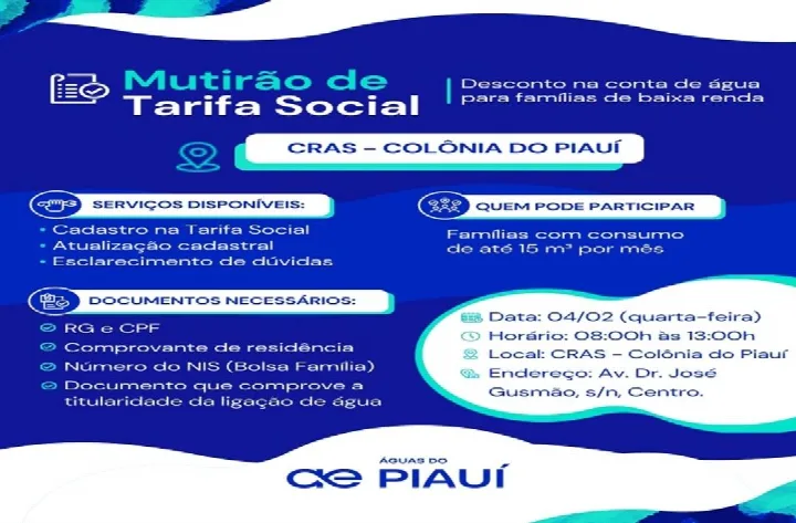 Mutirão da Tarifa Social garante atendimento a famílias de baixa renda em Colônia do Piauí