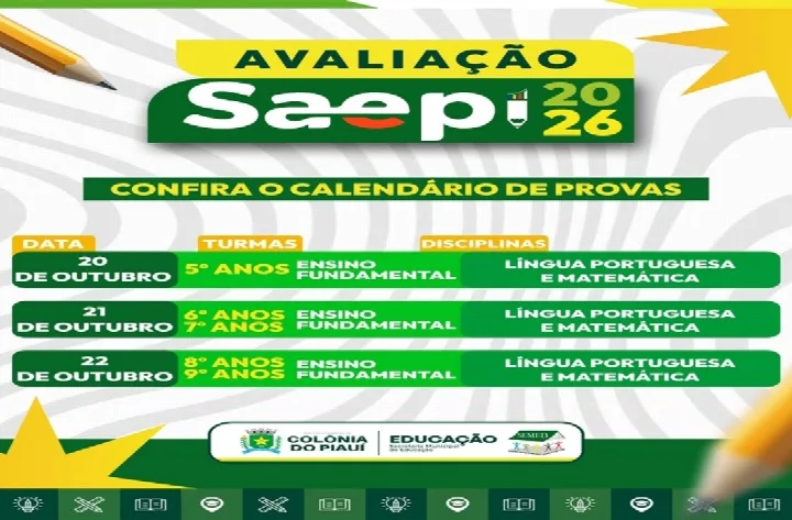 Colônia do Piauí aplica provas do SAEPI 2026 entre os dias 20 e 22 de outubro