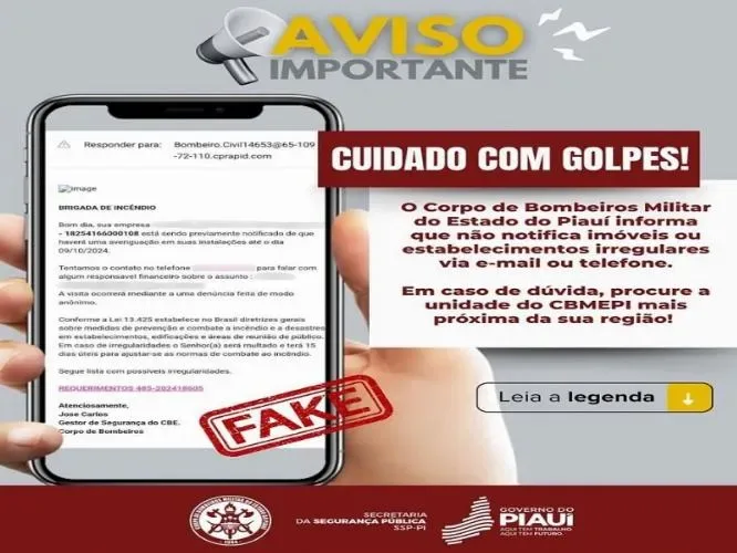 Corpo de Bombeiros alerta para golpe envolvendo falsas notificações