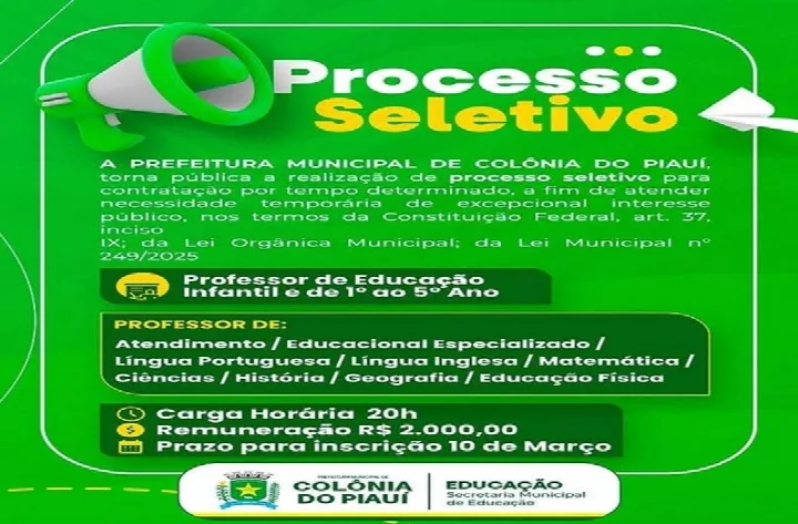 Prefeitura de Colônia do Piauí abre processo seletivo para professores em diversas áreas