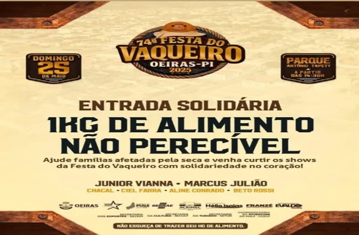 Entrada com solidariedade: troque alimento por ingresso na Festa do Vaqueiro de Oeiras